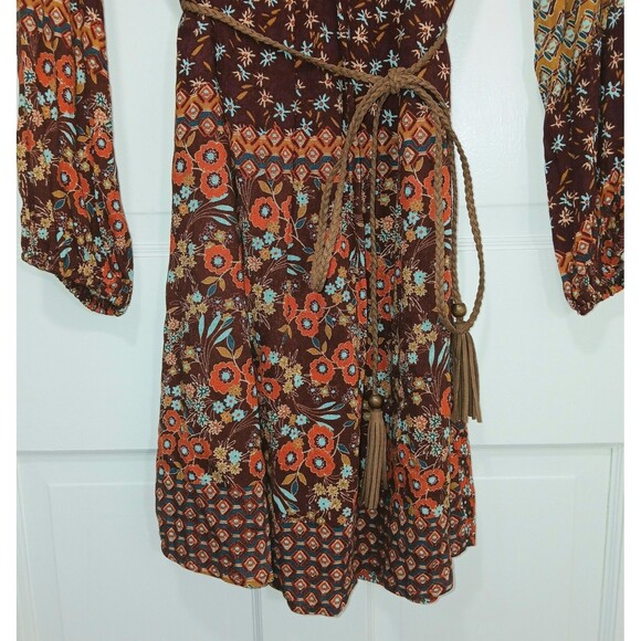 Forever 21 Southwestern XS Boho Floral Paisley Print Mini Dress Tassel Tie Brown - Picture 5 of 13